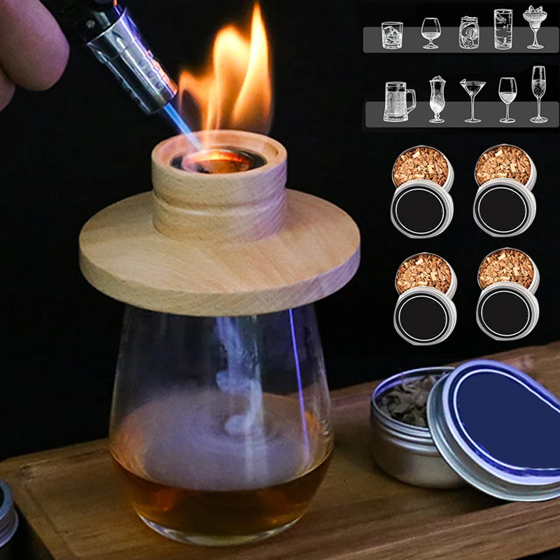 Cocktail smoker kit Wooden Bar Cocktail Smoker Kit Whiskey Tequila Wooden Smoked Wood Hood Smoker for Drinks Wine Mixing Cover Bar Tool with 4 Box