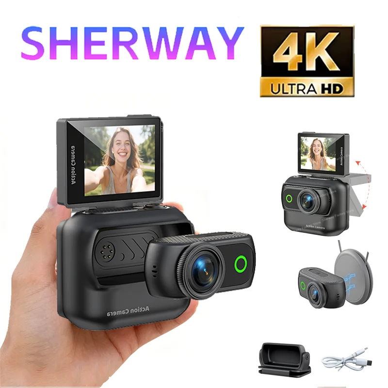 4K WiFi 썸액션 카메라 2.0인치 플립 스크린 스포츠캠 웨어러블 마그네틱 포켓 카메라 휴대용 브이로그 사이클링 미니 레코더