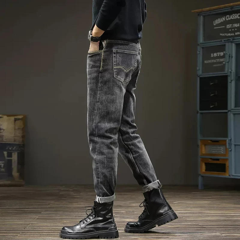 Fashion Designer Men Jeans Retro Black Gray Elastic Slim Fit Ripped Jeans Men Cotton Trousers Vintage Casual Denim Pants Hombre