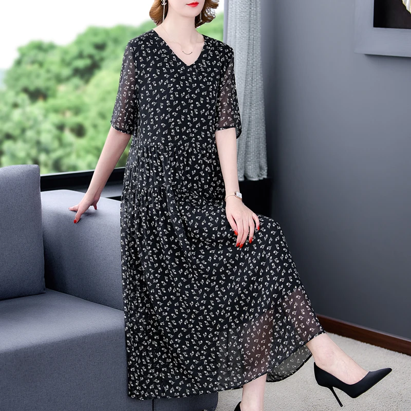 

2023 Black Floral Chiffon V-Neck Midi Dress Summer Fashion Lightwaight Beach Sundress Women Boho Elegant Bodycon Casual Dresses