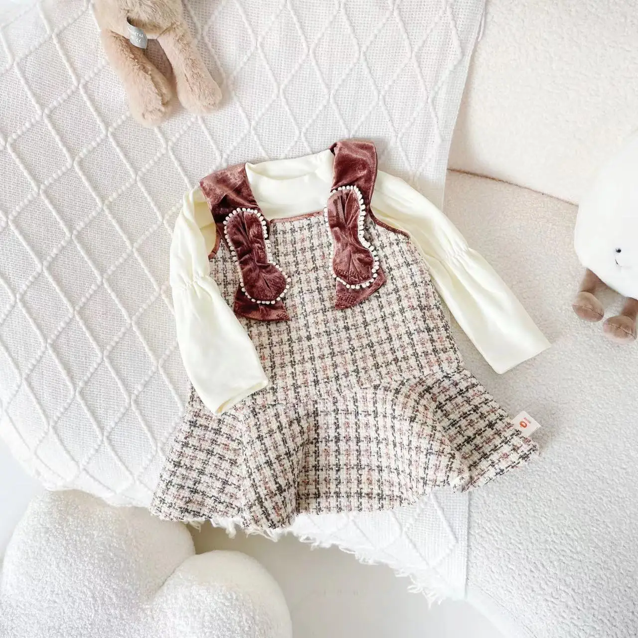 

2023 Autumn Winter Kids Baby Girls 2PCS Clothes Set Cotton Bottom Tops Strappy Tweed Tartan Dress Suit Toddler Girls Outfits