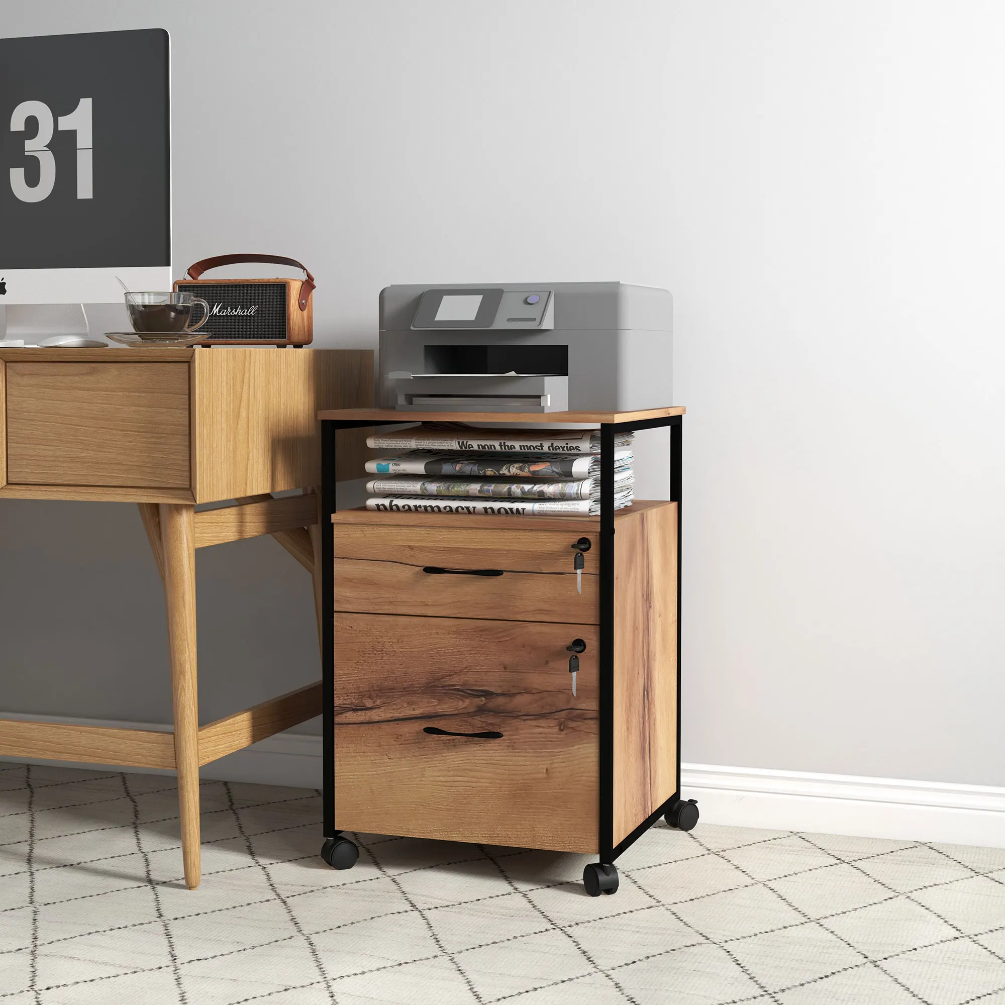 Armoire de bureau Vinsetto avec serrure à roulettes 44X40X66,5 cm Marron rustique