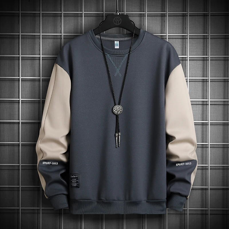 Spring Autumn Men's Solid Round Neck Patchwork Letter Printed Lantern Long Sleeve T-shirt Casual Sports Hoodies Vintage Tops