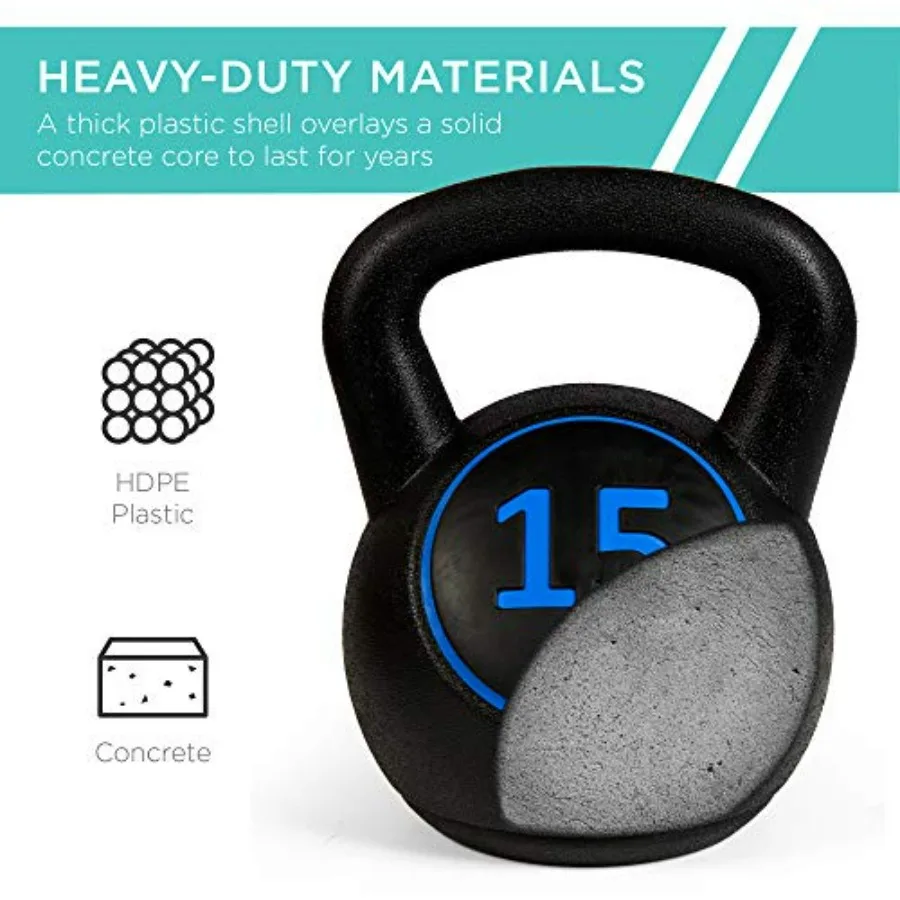 3-Piece Kettlebell Set with Storage Rack, HDPE Coated Exercise Fitness Concrete Weights for Home Gym, Strength Training, HIIT Wo