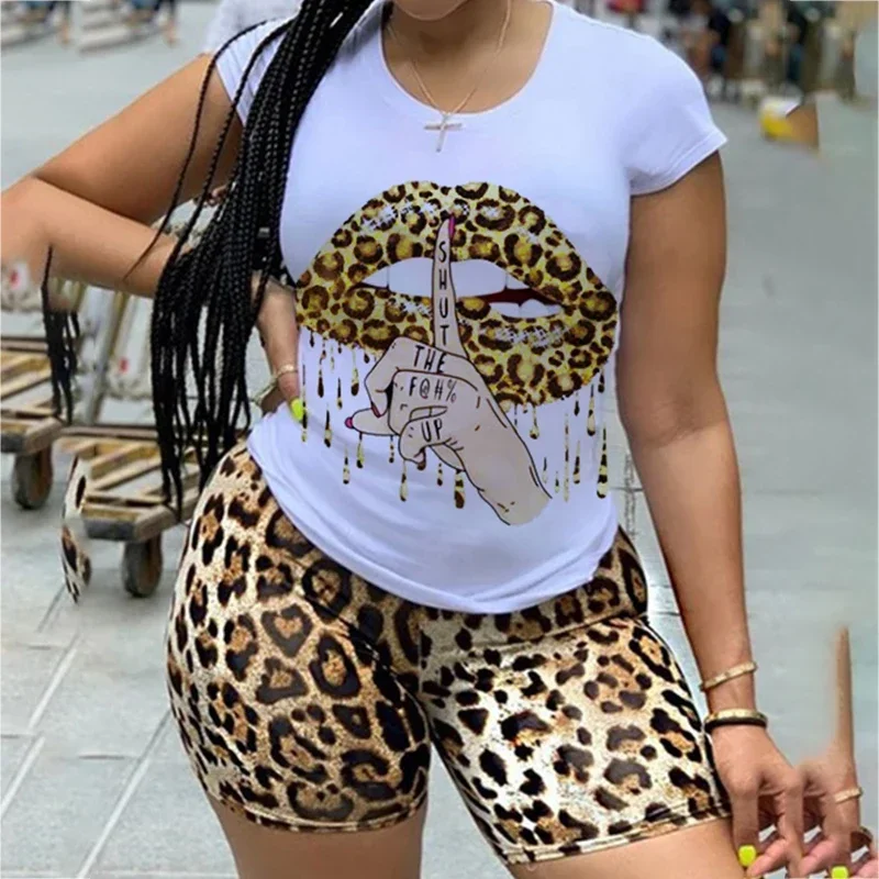 2022 New  Two Piece Set for Women Tracksuit Lips Short Sleeve Top Leopard Shorts Sweat Suit 2 Pcs Outfits Matching Sets 3d printed geometric t shirts sets men summer shorts sportsuit 2022 oversized clothing fashihon casual men tracksuit 2 piece set