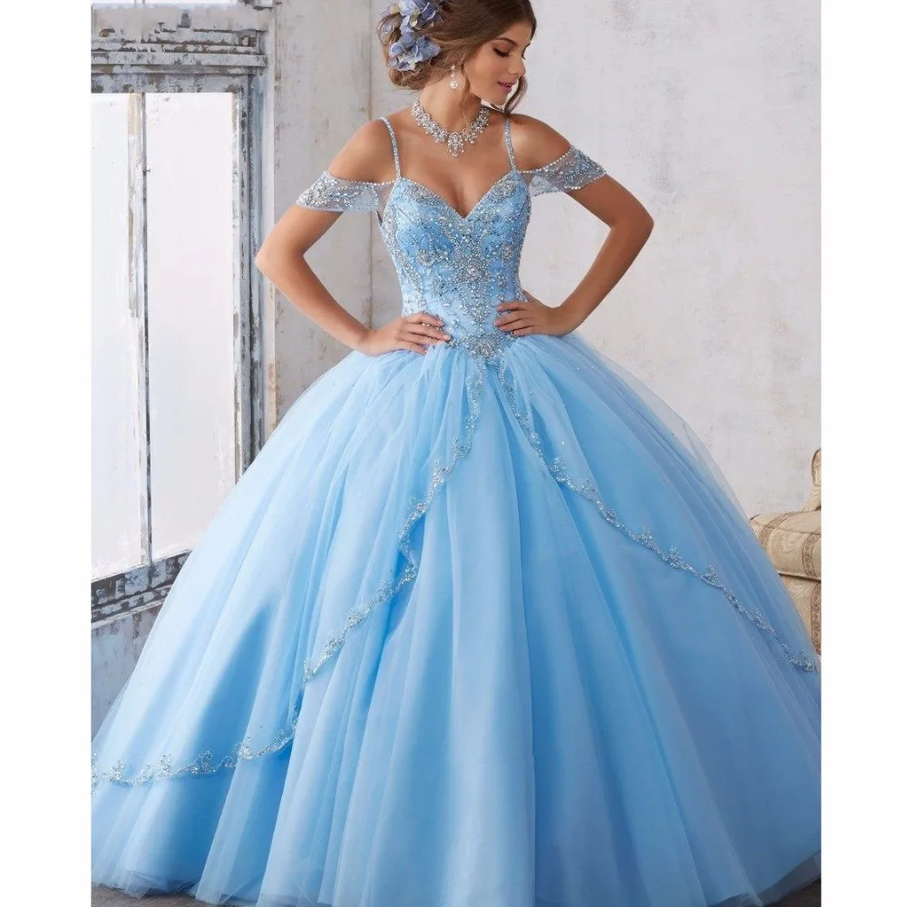 

Elegant light blue beaded lace V-neck wedding dress bride bridesmaid dress with spaghetti straps formal banquet prom evening dre