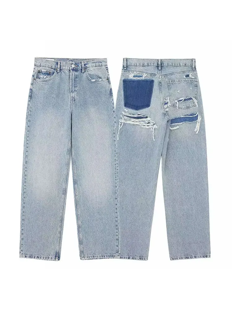 HH 2024 femmes rue mode Denim bleu jean en détresse Patchwork taille haute fermeture éclair mouche déchiré rétro pantalons longs