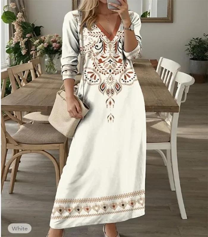 

2024 Spring Women's Long Dress V-neck Print Long Sleeve Loose Dresses Female New Summer Elegant Trendy Casual Ladies Clothes