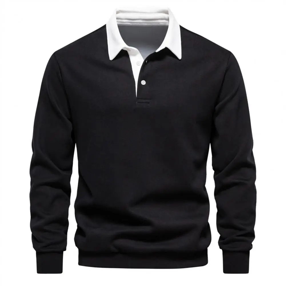 

Men Color-blocked Sweatshirt Stylish Men's Winter Pullover Sweatshirt Lapel Buttons Patchwork Color Elastic Hem Bottoming