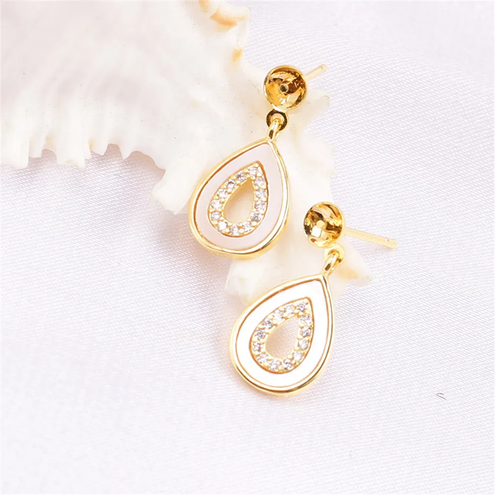 Domestically 14k Gold Plated Color Retention Water Droplets, Simple Fritillaria Zircon Pearl Earrings, DIY Accessories, Female