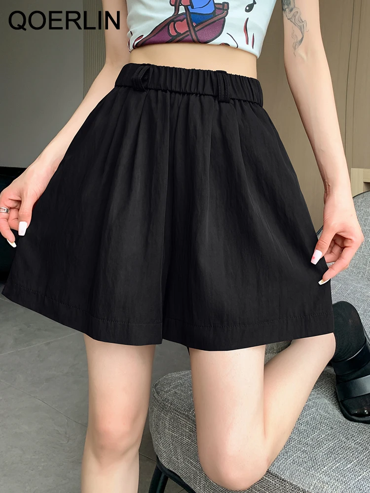 QOERLIN with Belt Elastic Waist Shorts Loose Casual High Waist Shorts Female Summer Wide Leg Bermudas Streetwear Thin Hot Pants