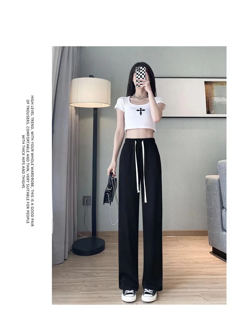 Women Long Pants Spring Summer Straight Long Elastic Waist Wide Leg women long trousers Casual Soft Knitted Pants