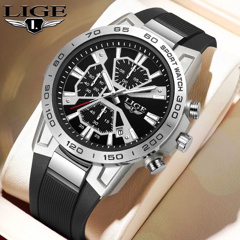

LIGE New Sport Chronograph Quartz Watches For Men Waterproof Silicone Strap Mens Watch Top Brand Fashion Date Wristwatches Clock