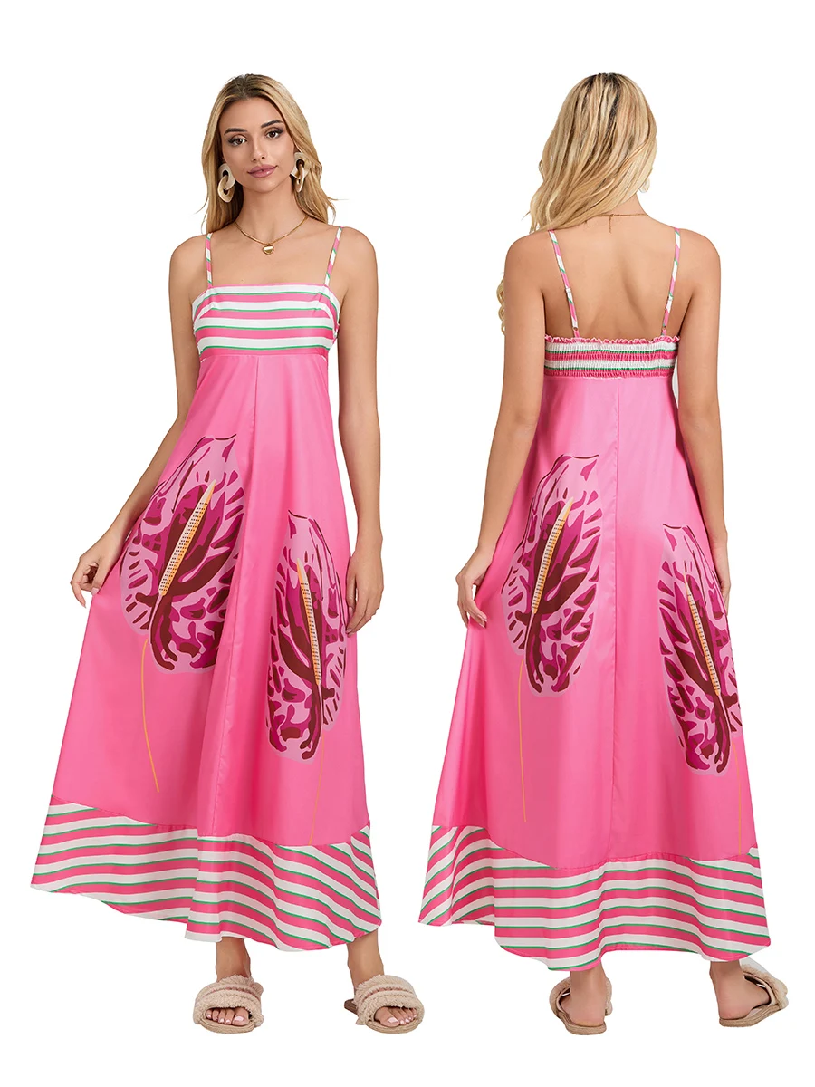 OFEEFAN Women's Maxi Dress - Spaghetti Strap Summer Dress With Pockets, V-Neck - Hot Pink, 3X-Large