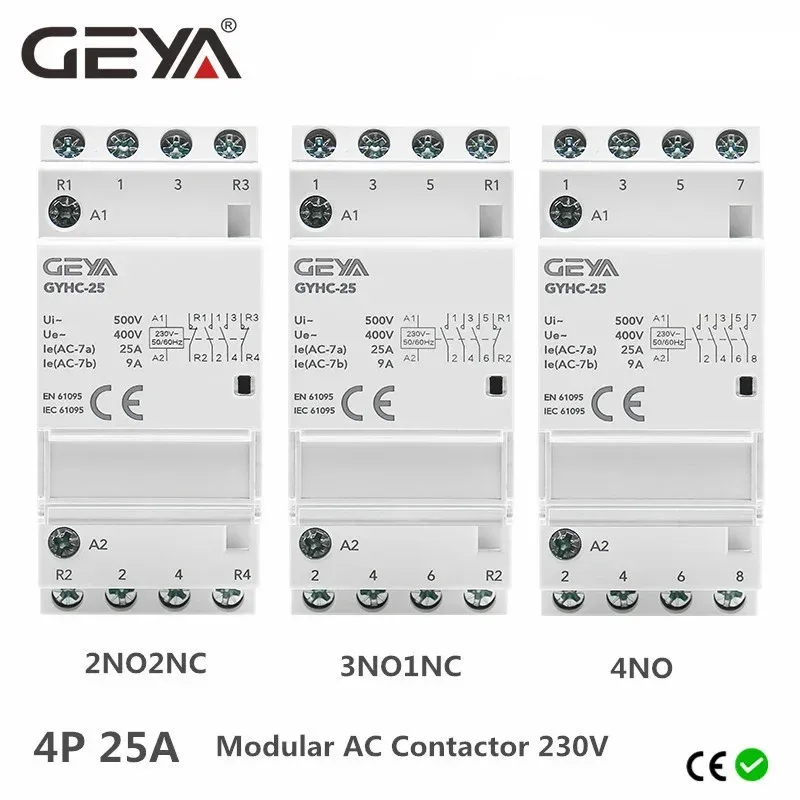 GEYA Din Rail Automatic Modular Household Contactor AC230V 4P 25A 4NO 2NO2NC 3NO1NC 50/60Hz