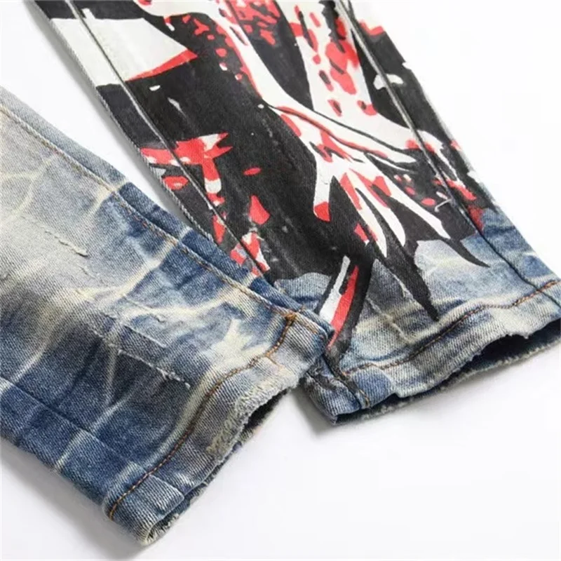 Summer Graffiti Jeans Men Embroidery Printing Gradient Color High Street Retro Luxury Pants Slim Fit and White Scrape Comfor2024