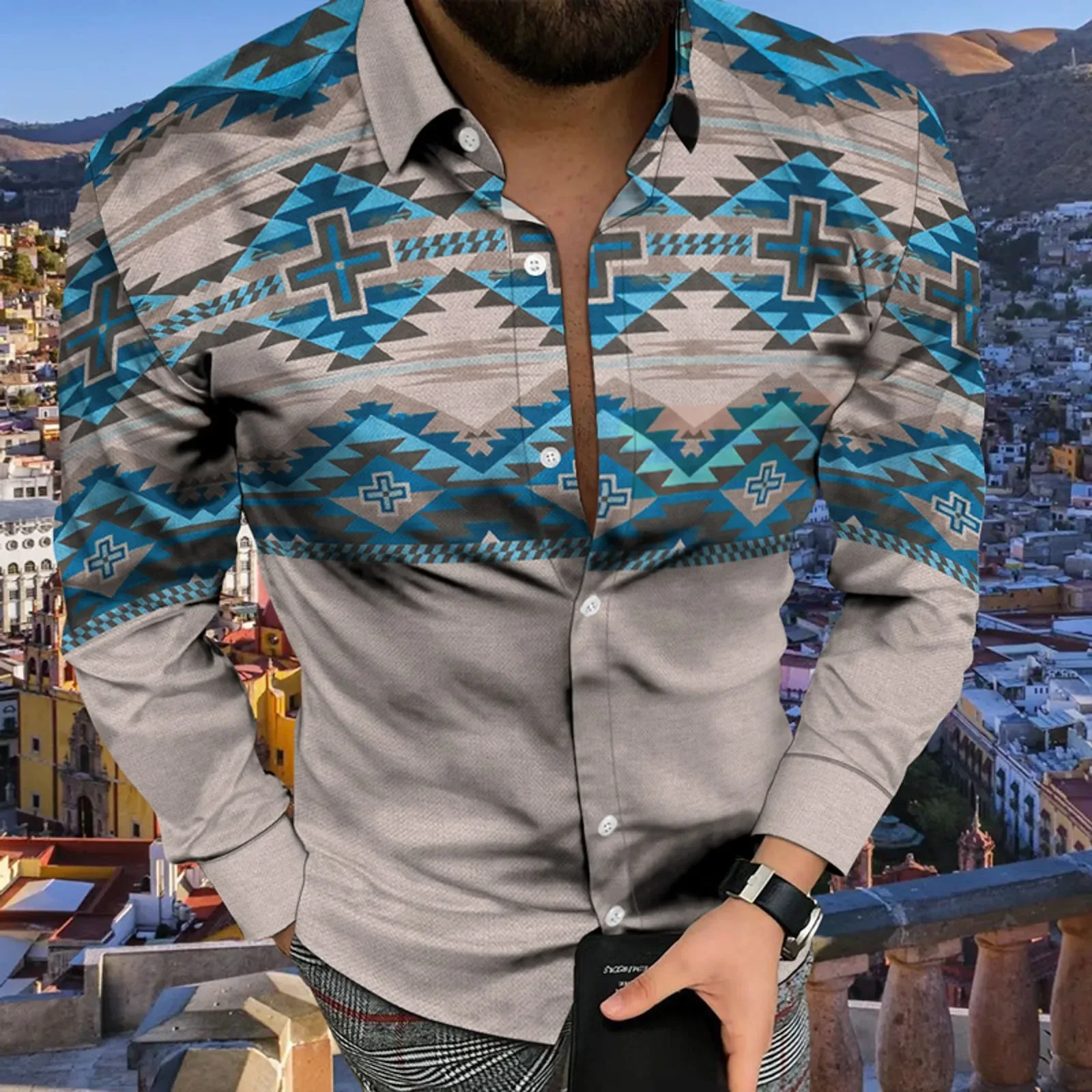 

Social Fashion Men Shirts Casual Turn-down Collar Buttoned Shirt Ethnic Print Long Sleeve Tops Blouses Men Club Cardigan