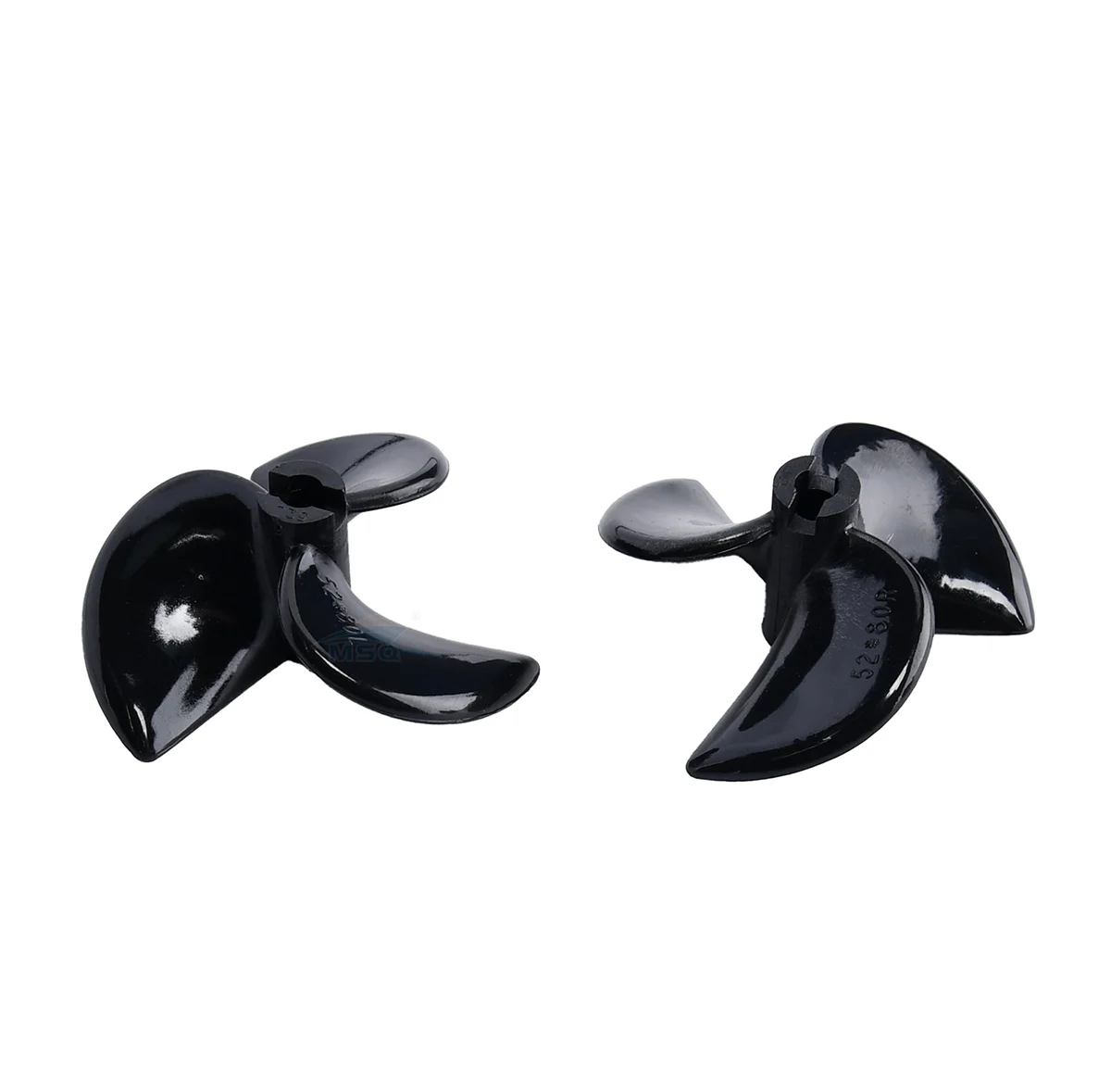 Détail des hélices 3 pales nylon pour bateau RC, D52mm et D55mm, avec axe central et pales courbées.
