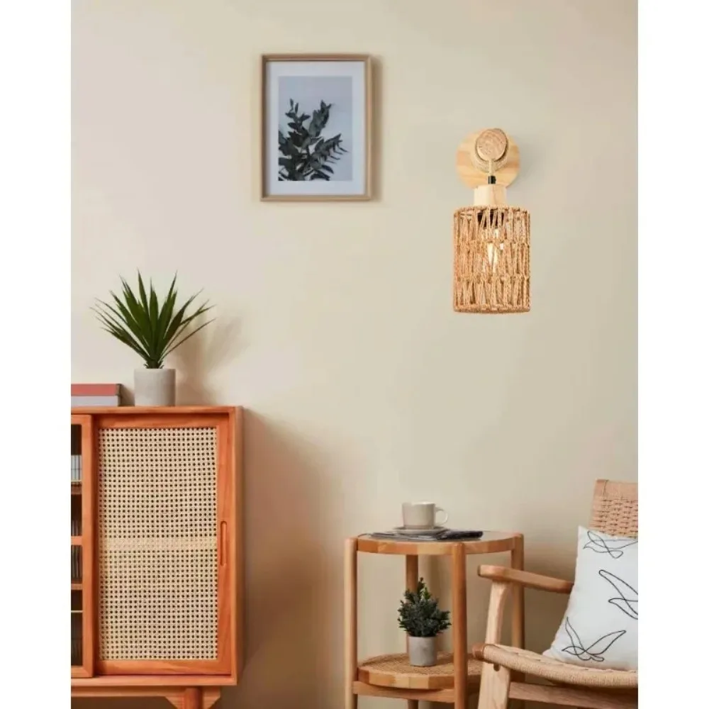 1/2/5Pcs Hemp Rope Design Bedhead Wall Lamp Cylindrical Shaped Wall Light Bedroom Farmhouse Countryside Decor Lighting Lampshade