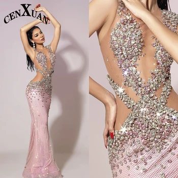 CENXUAN Saprkly Sleeveless O-neck Women's Evening Dress with Rhinestones Floor Length Tulle Vestidos De Gala Customized 1