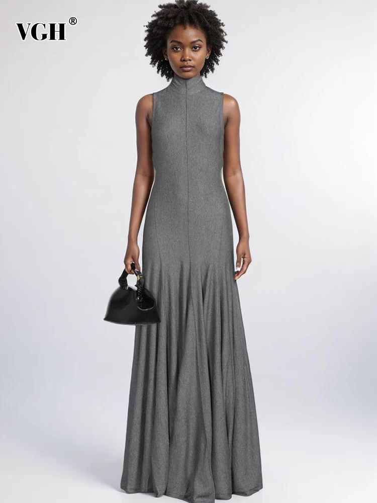 

VGH Solid Slimming Backless Dress For Women Stand Collar Sleeveless High Waist Patchwork Folds Dresses Female Fashion Clothes