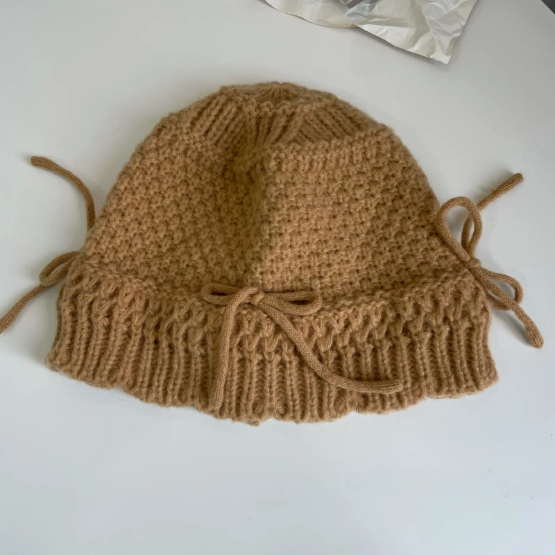 Ins Bow Decoration Cute Women's Hats Autumn and Winter Korean Version Casual Versatile Solid Color Warm Knitted Bucket Caps knitted hat bucket hats denim bucket hats