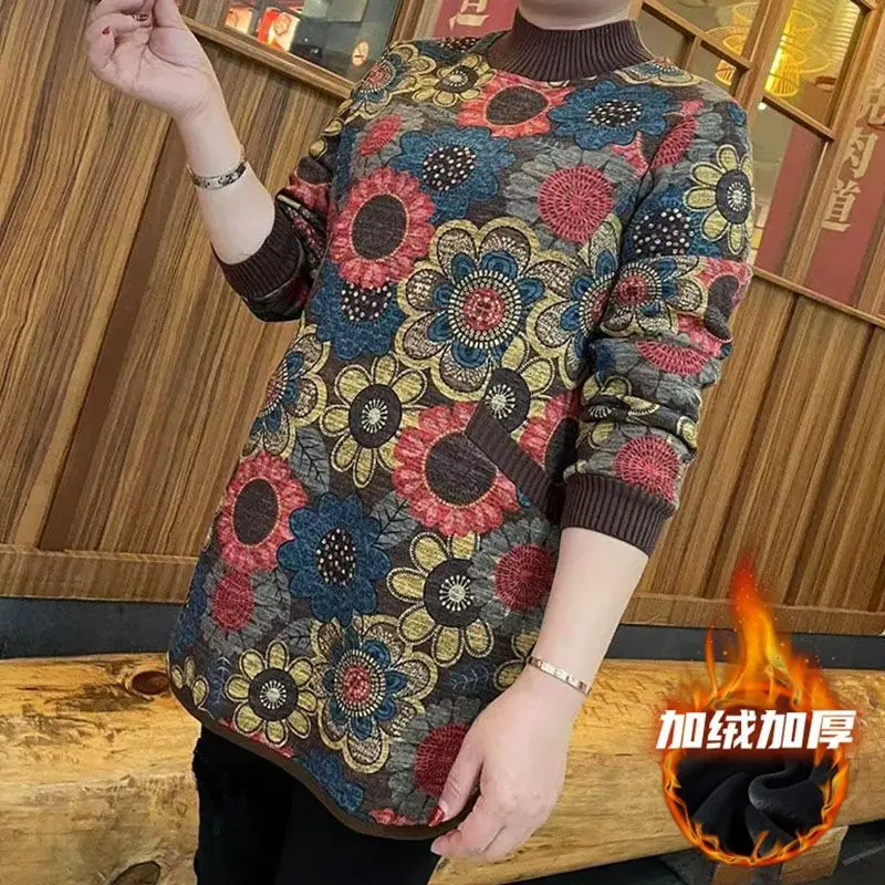 2023 Winter Middle Aged Women's Clothing Vintage Floral Print Half High Collar Plush Sweatshirts Long Sleeve Loose Pullover Tops