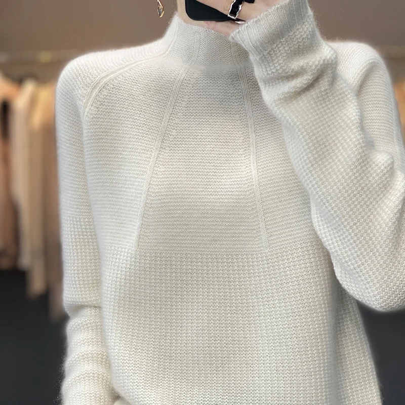 

Autumn and winter new sweater ladies 100% pure wool semi-high collar solid color loose fashion thick warm knitted sweater.