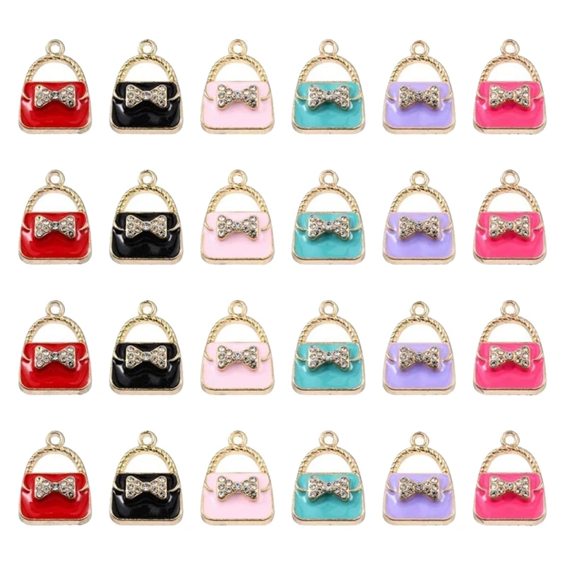 

60 Pieces 6 Colors Enamel Bow Tote Charm Crystal Rhinestone Lightgold Small Tote Charm For Jewelry DIY