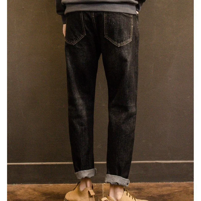 Spring Autumn Korean Vintage Harajuku Jeans Men Casual All Match Straight Leg Pants Pockets Trend Trousers Fashion Male Clothes