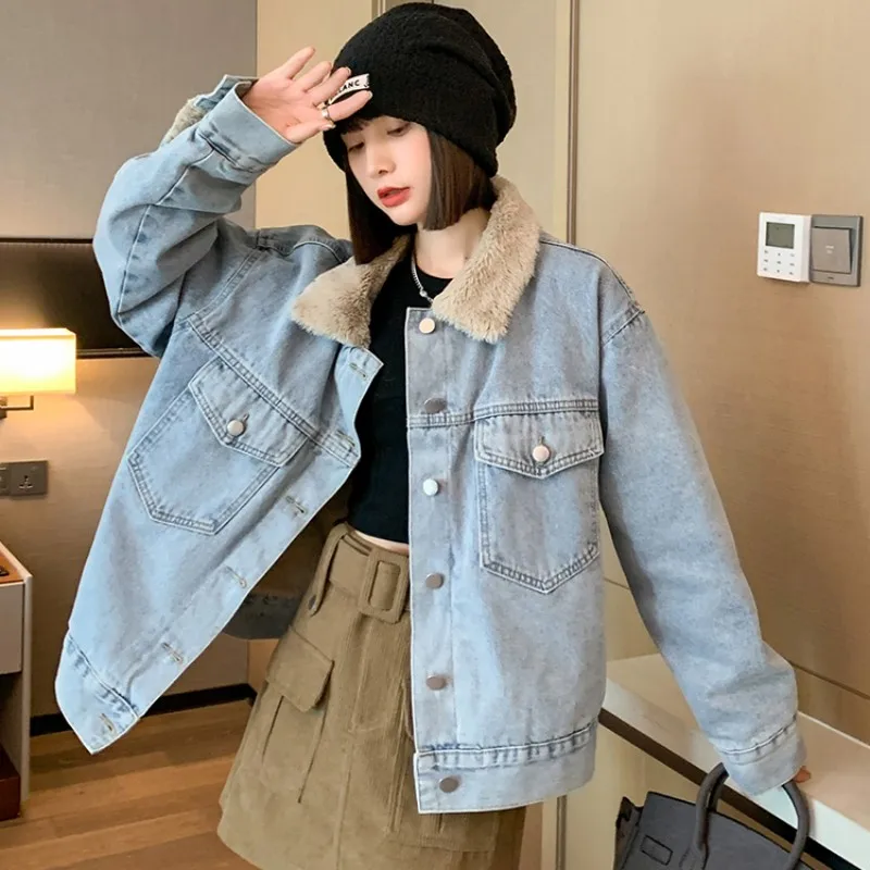 

2022 Autumn And Winter Coat For Women Fashion Plush Upper Lapel Single Breasting Denim Cotton Jacket Loose Free Shipping