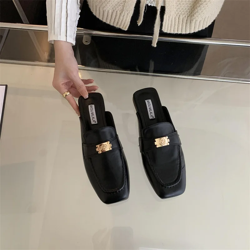 

Women Sandals Square Toe Low Heel Solid Mules Slip on Half Slippers Loafers Outdoor Luxury Brand Pumps Low Heel Shallow Shoes