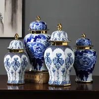 Blue and White Porcelain General Jar Chinese Vintage Craft Ginger Flower Vase Storage with Lid Home Decoration 1