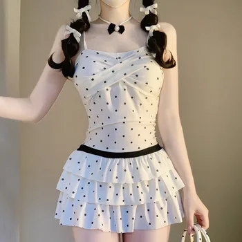 Sweet Polka Dot Spaghetti Strap  Piece Swimsuit with Tiered Ruffle Skirt Bow Accent Modest Swimwear for Beach Pool Vacation 1