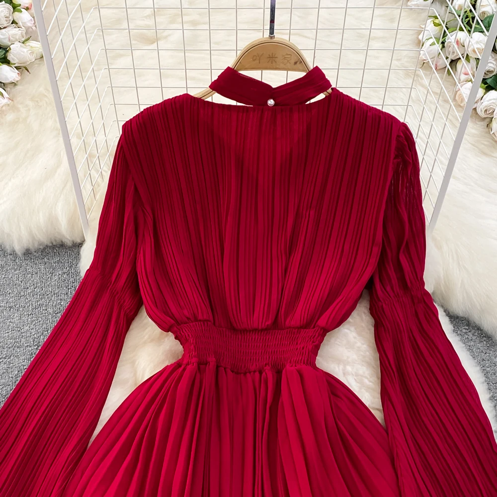 Autumn Flare Sleeve V-neck Midi Dresses for Women Solid Pleated A-line Elegant Party Dress Korean Fashion One Piece Vestidos New