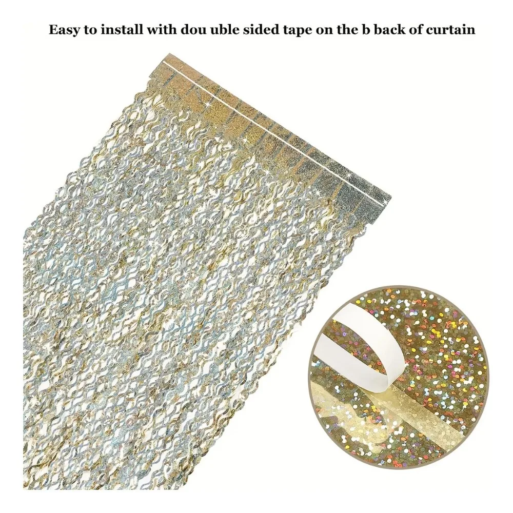 Gold Foil Fringe Curtain 4Pcs Shimmer Party Backdrop 4Pcs Champagne Gold Laser Wavy Foil Fringe Curtain with Golden Garland Wedding Birthday Party Photo Backdrop Decor 4