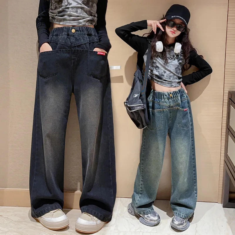 

Girls Pants 2024 Autumn New Childrens Clothing CuHK Children Korean Style Pocket Denim Wide-leg Pants Casual Simple Match