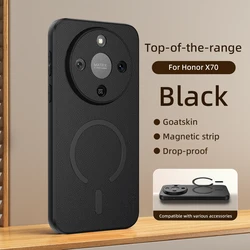 Goat Leather Magnetic Wireless Charging Shockproof Phone Case with Soft TPU Frame for HONOR X9D (Black)