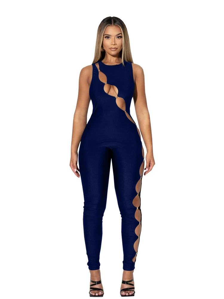 Sibybo Sexy Sleeveless Hollow Jumpsuit Basic Casul Tight Leggings Solid Color Fashionable Yoga Wear Winter Women's Clothing women s new one piece bodysuit sexy cut out letter printed tight rompers casual racing sleeveless top women cycling jumpsuit