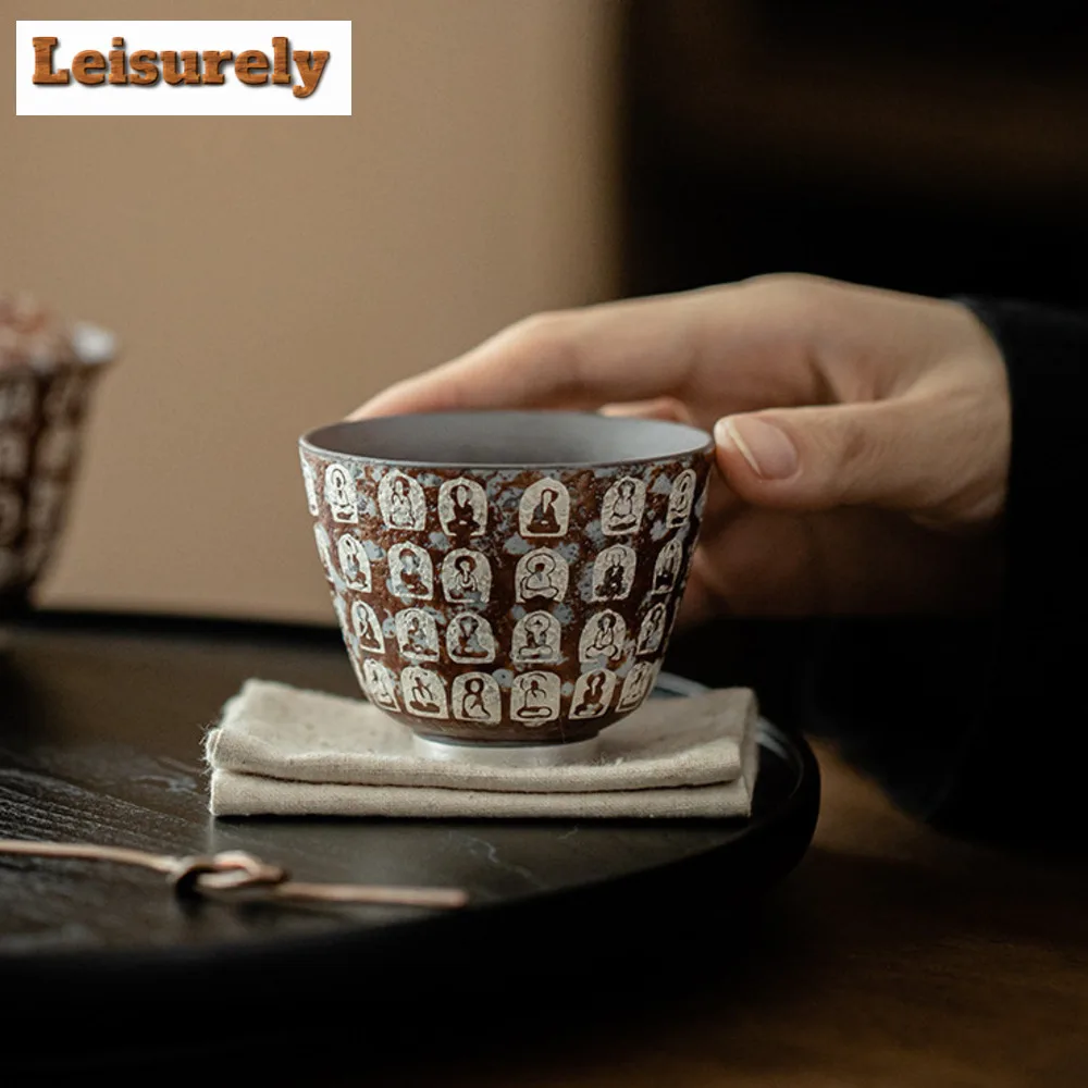 100ML Handmade Gilded Silver Tea Cup Chinese Dunhuang Buddha Master Cup Old Rock Clay Tasting Tea Bowl Chazhan Small Drinkware