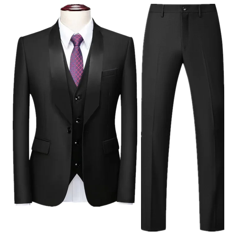 Men Pure Colour Formal Wedding Suit 3 Piece Black / Blue / Dark Grey Fashion Simple Male Business Social Tuxedo Dress Set