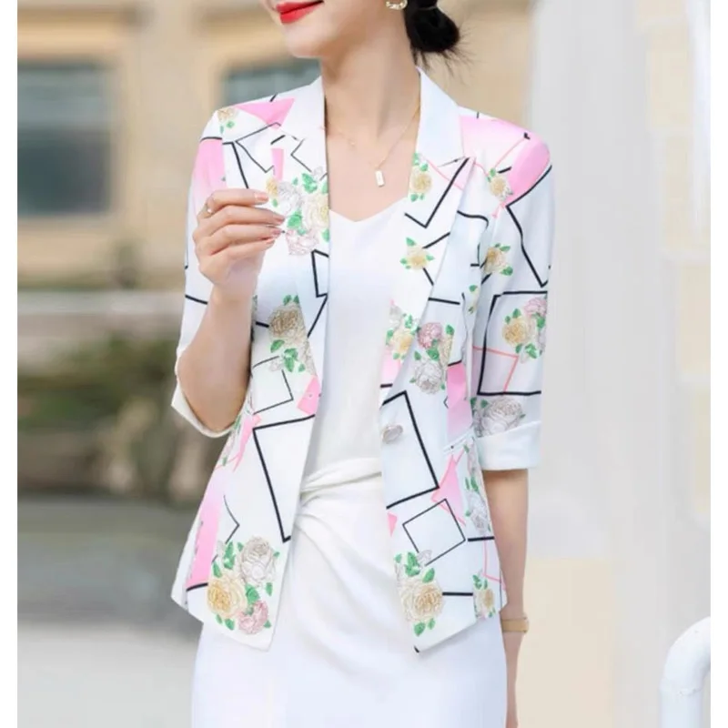 2024 New Spring and Summer Urban Commuting Style OL Fashion Print Slim Fit Versatile Three Quarter Single Breasted Suit Coat