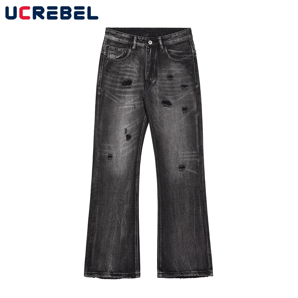 

Retro Washed Ripped Hole Jeans Mens Streetwear Casual Flared Trousers Men Straight-leg Pants
