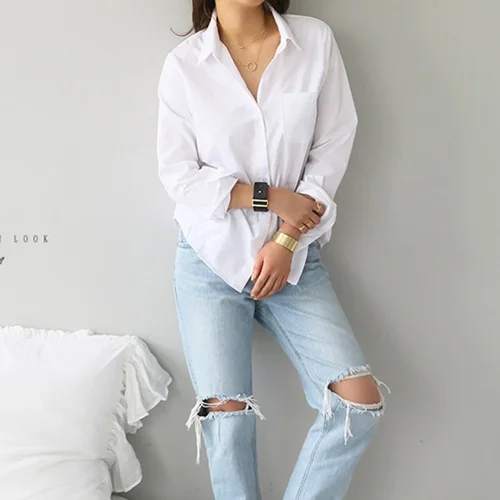 여성용 긴 소매 블라우스, 우아한 단추 캐주얼 코튼 화이트 셔츠, 턴다운 칼라, 루즈 블라우스, 사무실 상의, 3496 5