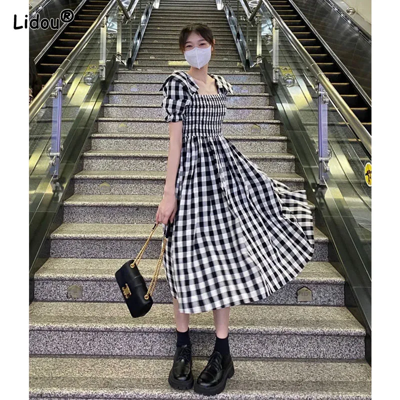 

Sweet Plaid Folds Brocade Mid-calf Empire Dresses Square Collar Puff Sleeve Slim Summer Pullover Preppy Style Women's Clothing