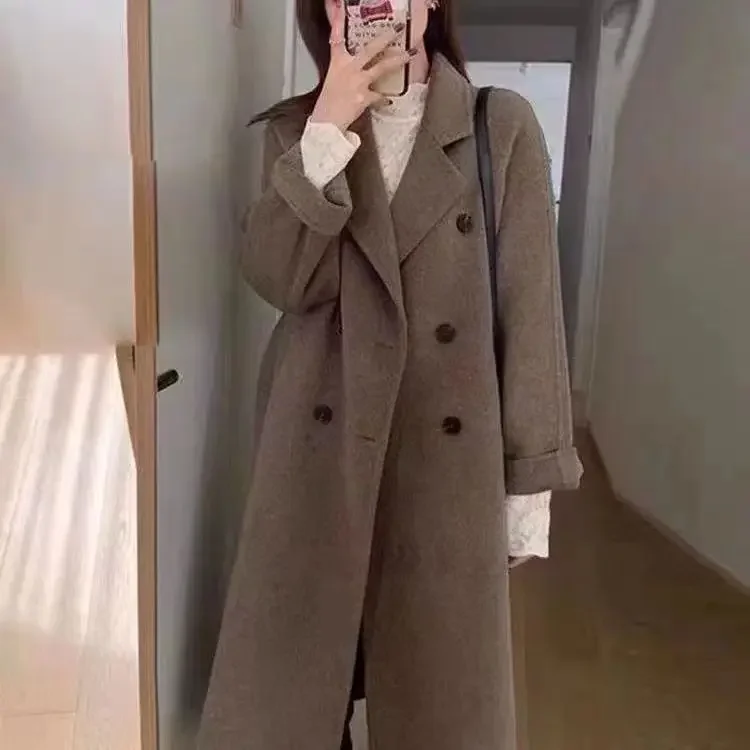 Autumn Winter Women's Thickened Woolen Coat Medium Length Hepburn Style Elegant Small Size Loose Fit Polyester Fiber Jacket - Image 2