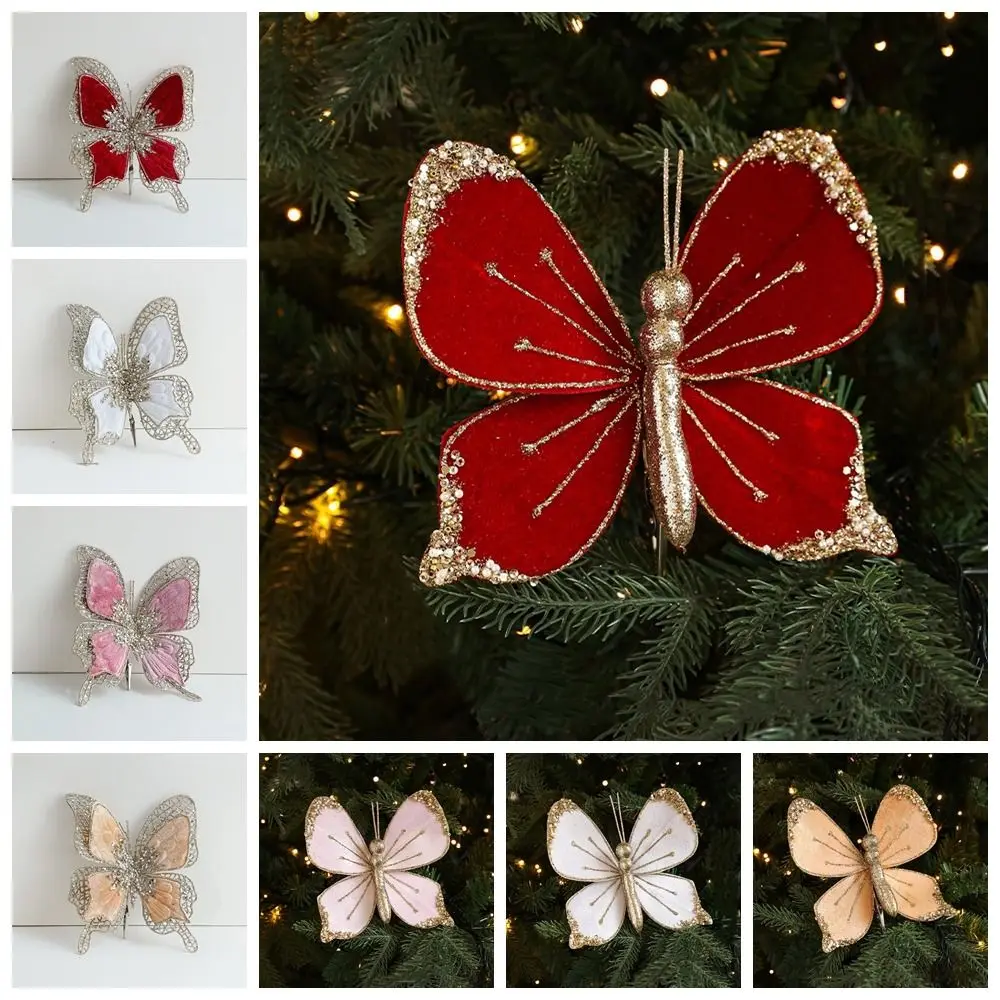 Sparkling Christmas Butterfly Pendant with Clip Flannel Holiday Decor Multicolor Glitter Christmas Tree Pendant