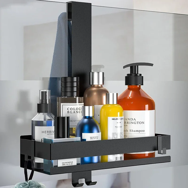 No-Drill Bathroom Shelves with Hook Glass Door Storage Basket Shower Support Steel Shelf Shelves Storage Unit For Bathroom 3