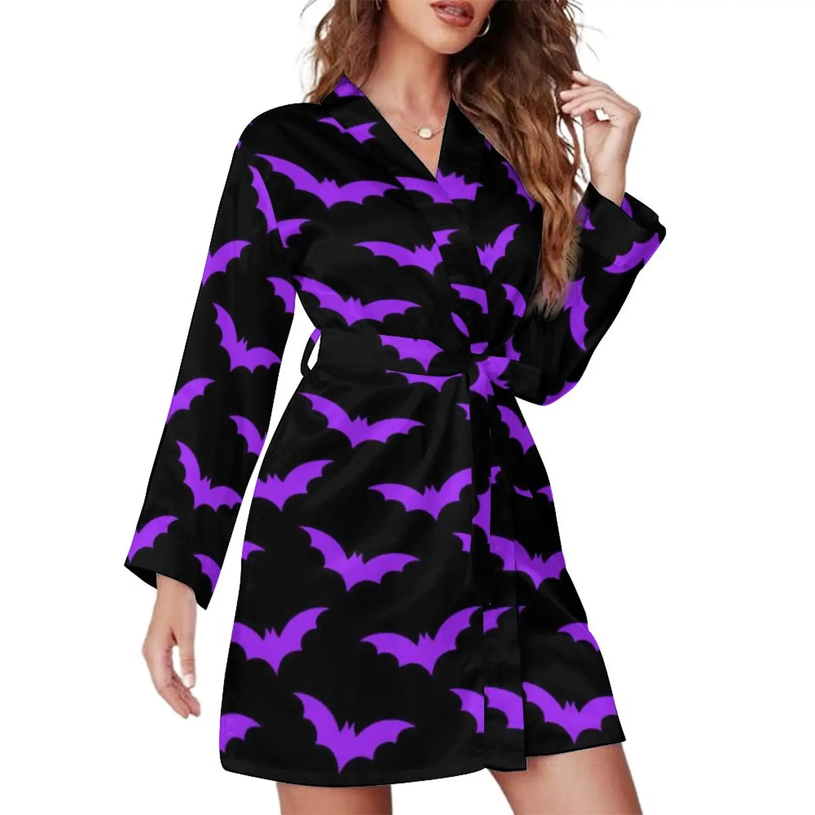 Purple-Bat-Print-Pajama-Robe-V-Neck-Halloween-Pattern-Trendy-Dress-Lady ...