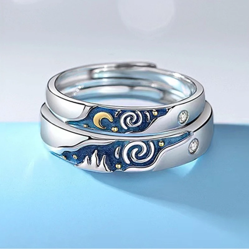 2xMatching Promise Unique Finger Rings Romantics VanGogh Starry Couple Engagement Rings Friendship Jewelry Women 97QE 6